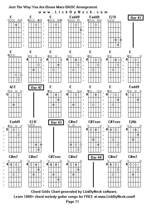 Chord Grids Chart of chord melody fingerstyle guitar song-Just The Way You Are-Bruno Mars-BASIC Arrangement,generated by LickByNeck software.